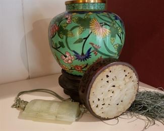 Cloissonne ginger jar with white jade lid and tassel