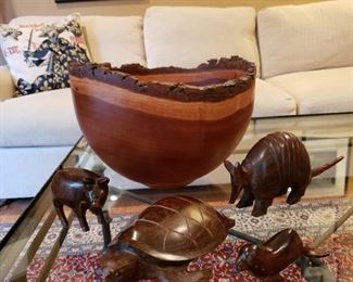 Artists signed carved cherry bowl and carved wooden animals