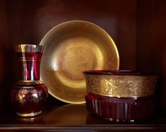 Ruby glass with gold trim and Osborne porcelain 22k bowl
