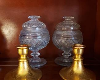 Osborne candlesticks and a pair of antique glass lidded compotes (one as is)