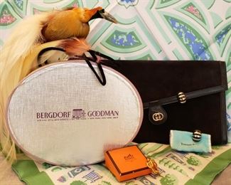 Vintage Gucci handbag, Tiffany & Co. sterling and onyx clip earrings, Hermes scarf ring , Hermes scarf and of course the Bird hat with original box