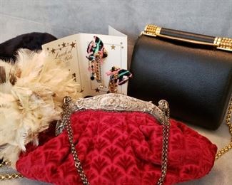 Sterling frame antique handbag, another vintage handbag, blue hat with feathers and Lunch at the Ritz jewelry