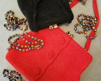 Belgium Walborg red beaded bag and a black beaded bag also Murano glass bead necklaces