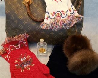 Wannabe LV bag, hand knitted mittens, mink ear muffs, velvet Bobbie & Jerome velvet handbag, vintage perfume bottle