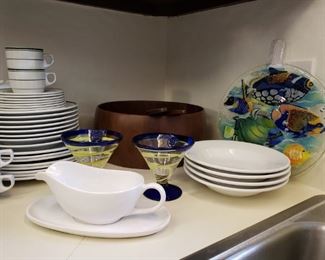 Large walnut salad bowl and other kitchenwares