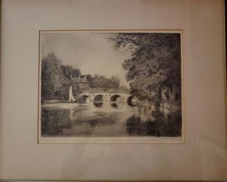 Close up of one of the collage of etchings in the family room