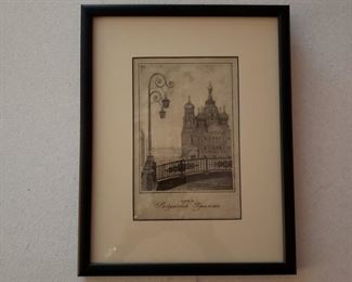 Close up of one of the collage of etchings in the family room