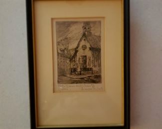Close up of one of the collage of etchings in the family room