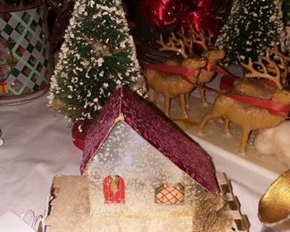 Vintage Christmas House Ornament -& Bottle Brush Trees