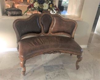Maitland-Smith distressed leather and wood bench