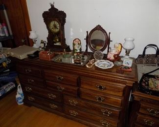 Dresser with Milk Glass Lamps. Gingerbread Kitchen Clock, Mirror, dresser set
