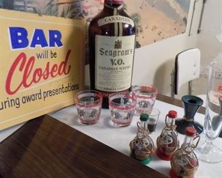 Large Seagram's VO bottle and  shot glasses. Vino salt n pepper shakers