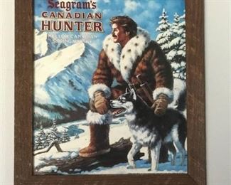 Seagram's Canadian Hunter Whiskey Advertisement with rustic barnwood frame