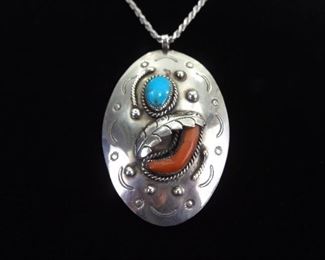 .925 Sterling Silver Navajo Turquoise and Red Coral Shield Pendant Necklace
