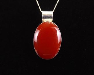.925 Sterling Silver Red Jasper Cabochon Pendant Necklace
