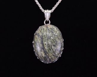 .925 Sterling Silver Tree Agate Cabochon Pendant Necklace
