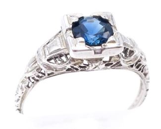 Antique ~1 CT Blue Sapphire Filigree Estate Ring in 18k White Gold