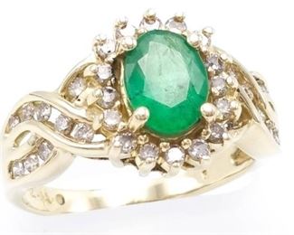 Remarkable ~1 CT Natural Emerald and Diamond Estate Ring in 14k Yellow Gold