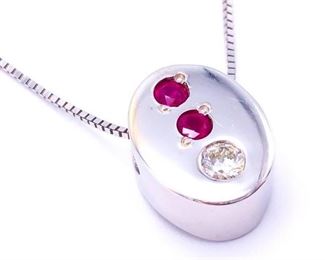 Artistic Natural Red Ruby and Diamond Estate Necklace in 14k White Gold