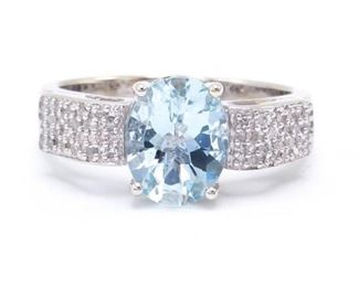 Vivid Swiss Blue Topaz and Diamond Estate Ring in 14k White Gold