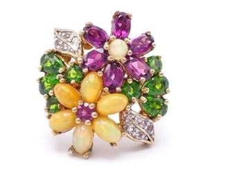 Vibrant Opal, Amethyst, Peridot, and White Topaz Floral Estate Ring in Sterling Silver