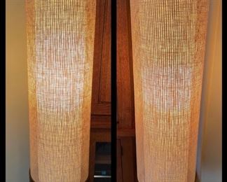 Pair of vintage walnut base woven shade lamps