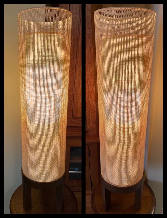 Pair of vintage walnut base woven shade lamps