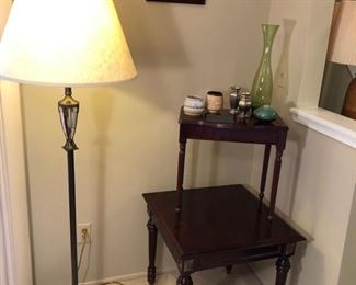 Bombay tables and bronze and glass floor lamp.