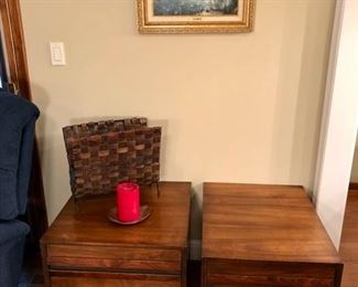 Mid Century American of Martinsville end tables, and woven magazine basket.