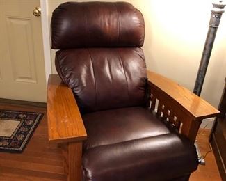 Leather and oak Craftsman style recliner.