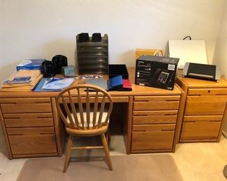 Oak desk and file cabinet.