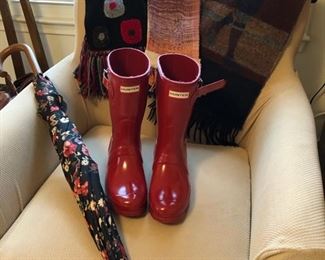 Hunter boots and cute scarves and umbrella.