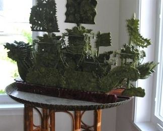 Vintage large 42 inch Nephrite Jade Dragon Ship