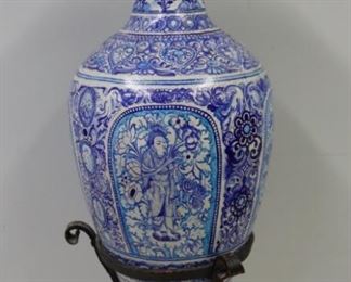 Antique And Large Enamel Decorated Terracotta Urn