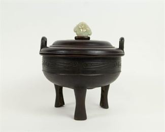 Bronze Tripod Censer with White Jade Finial