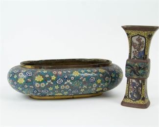 Cloisonne Quatrefoil Planter and GuForm Vase