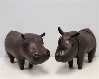 Vintage Leather Hippo And Rhino Foot Stools