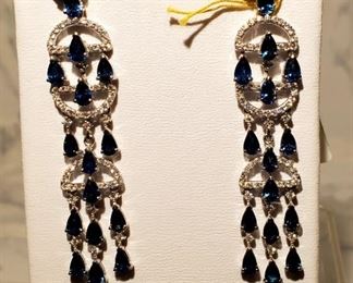 14KT WHITE GOLD SAPPHIRE AND DIAMOND DANGLE EARRINGS. TOTAL RETAIL VALUE: $10,250.00. RESERVED MINIMUM BID: $1,250.00.