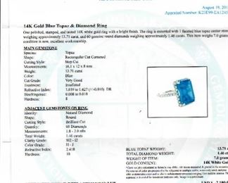 14KT WHITE GOLD TOPAZ AND DIAMOND RING. Total estimated retail replacement value is : $7,100.00
Minimum Reserved bid: $750.00
Total Topaz weight: 13.71 cts. 
Total diamond weight: 1.46 cts.