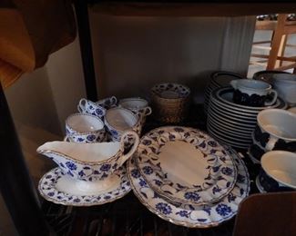 Spode English china tea cups and saucers, platters and gravy boat.