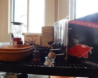 Kitchen items! Some new in box. Fondue set, All-clad lasagna tray.