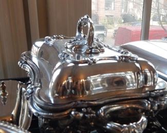 Silver plate serving dish with lid.