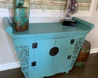#1 Antique Turquoise painted cabinet with 2 doors 50x20x37 $ 325.00