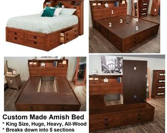 DutchCrafters Amish Laramie Storage Bed (custom made to match Broyhill pieces)
• Custom made King size bed delivered in 2018!!!
• Size: King
• Wood: Rustic Quarter Sawn White Oak
• Two Drawer Footboard: Add Two Drawer Footboard
• Lumber: Rustic Quarter Sawn White Oak Finish:OCS106 Acres
• Hardware: Gun Metal Mission 3" Drawer Pulls
• Varnish: To Match Broyhill Artisan pieces
• https://www.dutchcrafters.com/Amish-Jacobson-Bed-with-Storage-Platform/p/47700