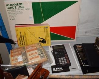 vintage calculators, tracing paper, vintage green stamps, and more.