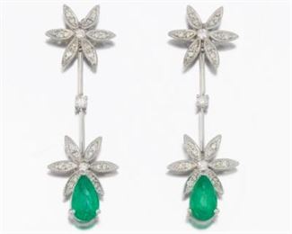  Pair of Emerald and Diamond Pendant Earrings 