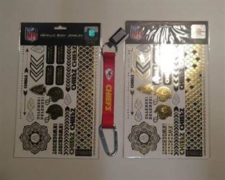 Kansas City Chiefs Carabiner Lanyard Key Chain and two packages of metallic body jewelry and tattoos