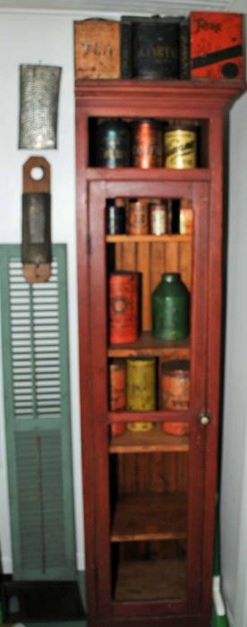 CHIMNEY CUPBOARD WITH ADVERTISING TINS ~ PIERCED TIN GRATERS   