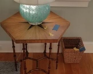 Set of two end tables with wood inlay tops and metal faux bamboo legs