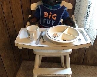 Antique high chair & baby dishes